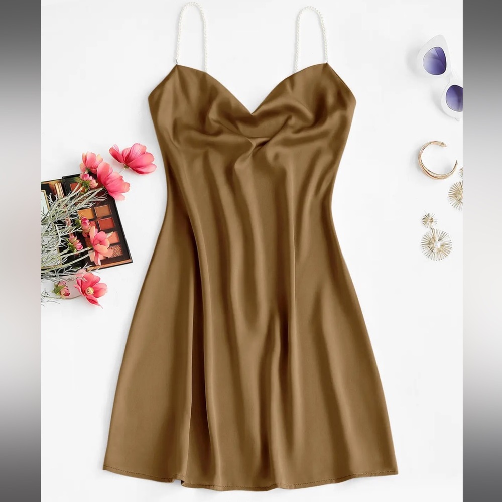 Brown silk slip dress . Pearl straps